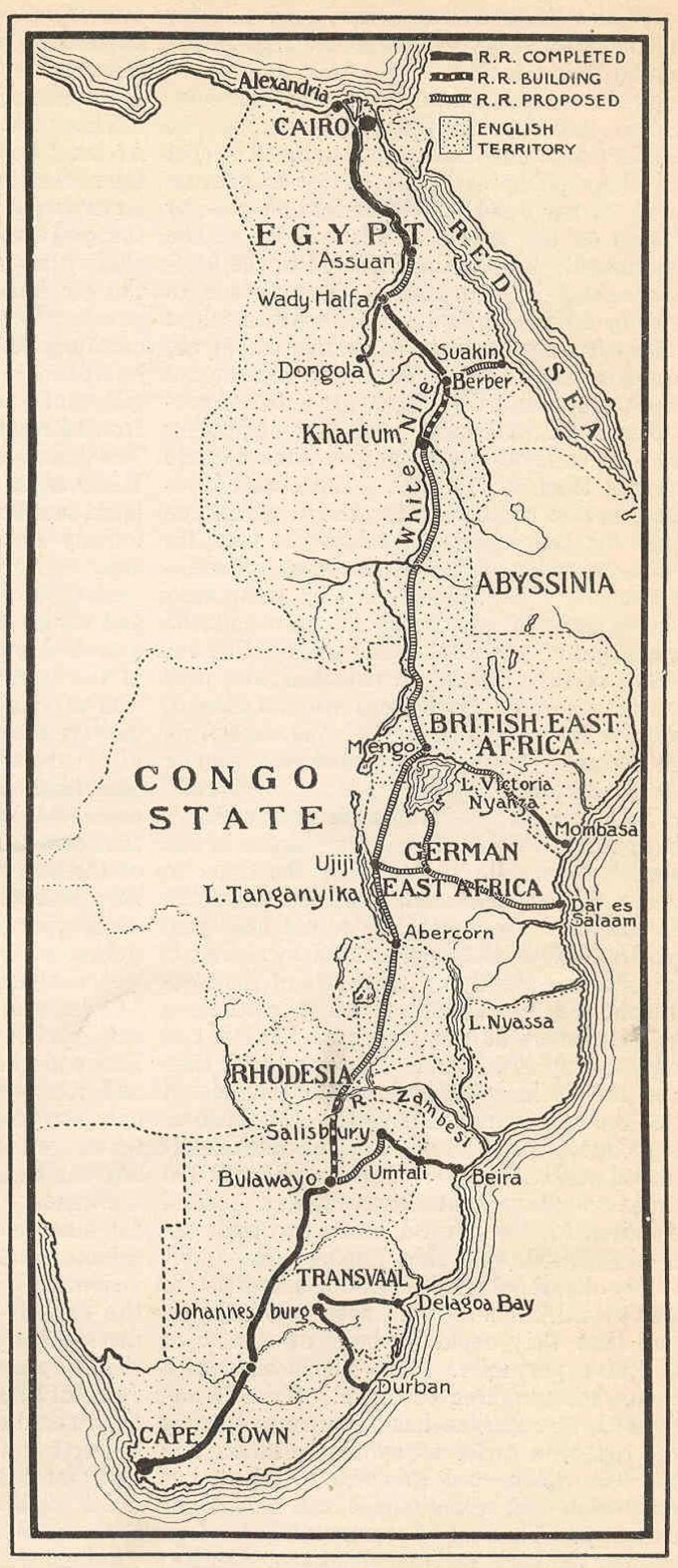 Mapu kapského do káhiry železničnej